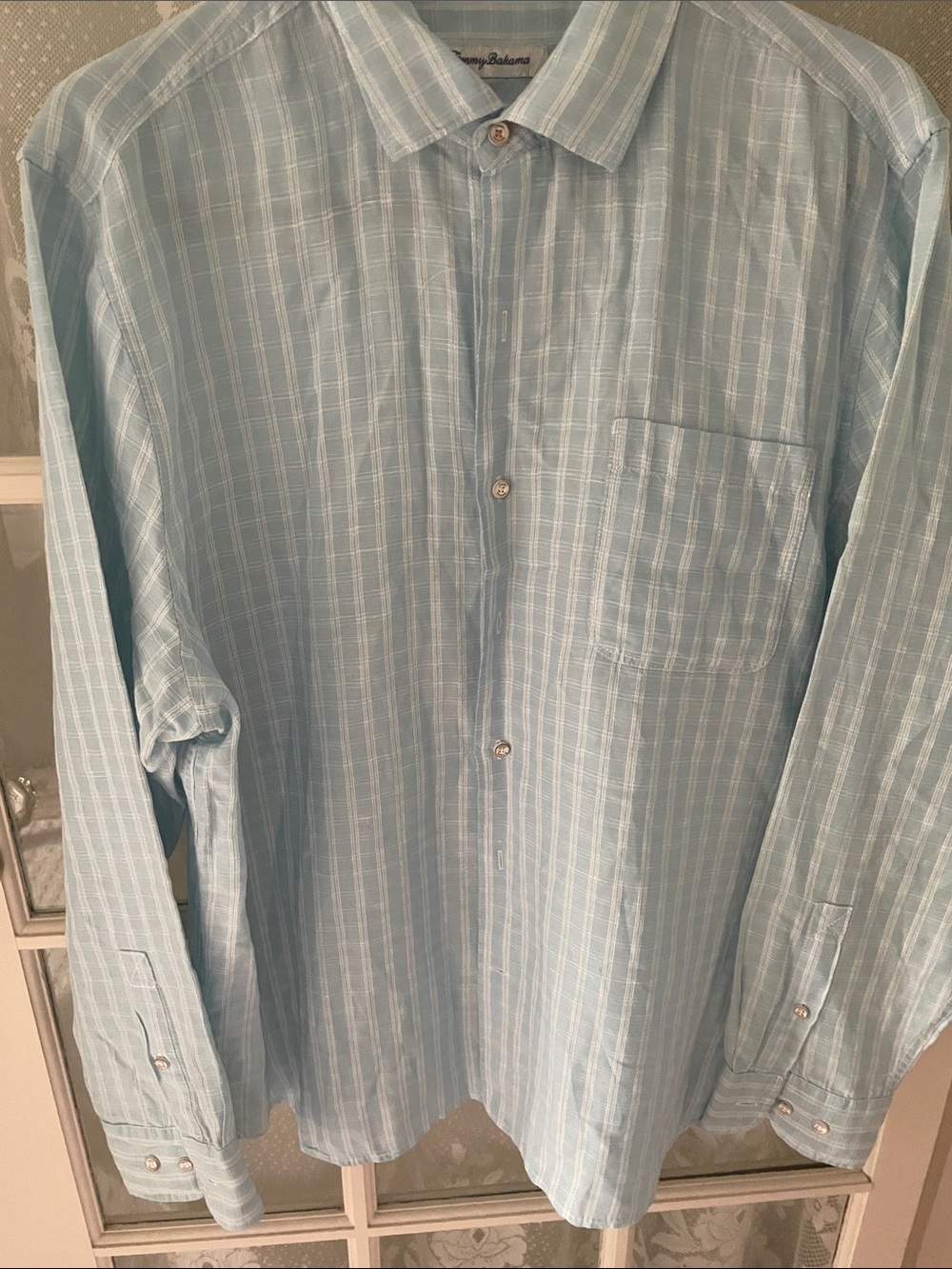 Tommy Bahama Pale Blue Striped Linen-Blend Men's Button-Up Shirt